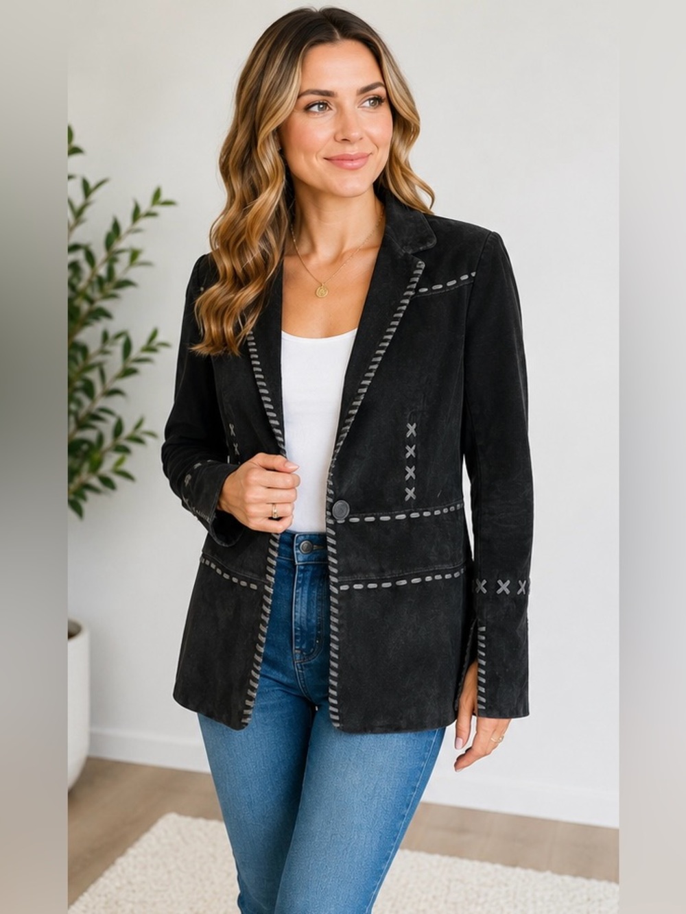Alice Blue Genuine Suede Leather Blazer Women’s Medium Black Western Jacket